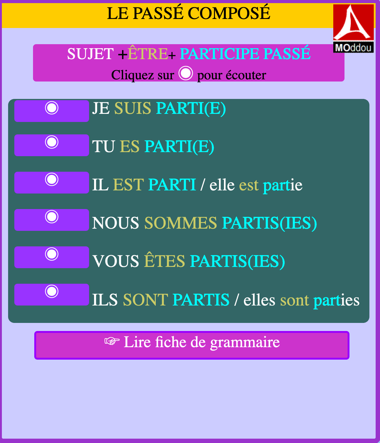 Passe Compose Lire Tout savoir sur le passé composé. Audio + Exercices + fiches. - MOddou FLE