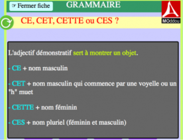 Les adjectifs démonstratifs. Fiche + exercice.