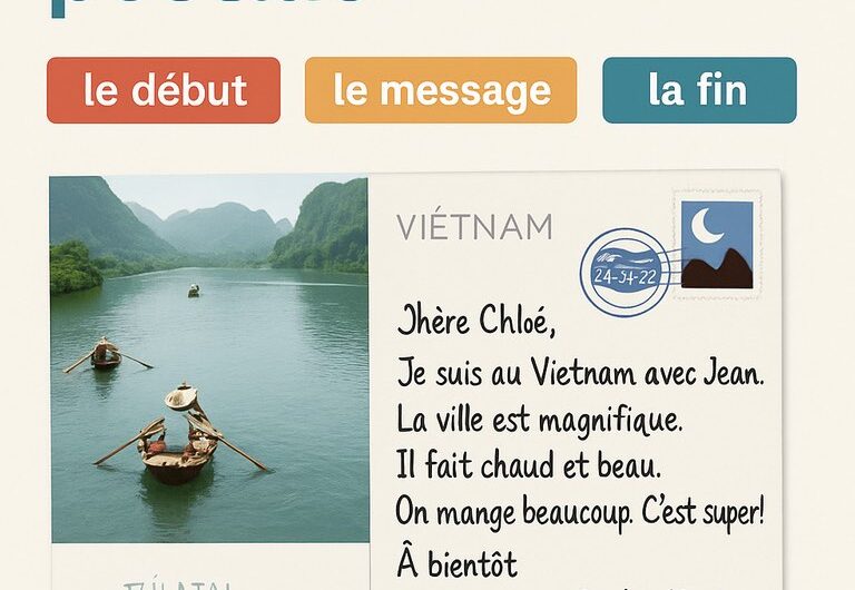 Écrire une carte postale (niveau A1, aide pour anglophones). Guide + exercices