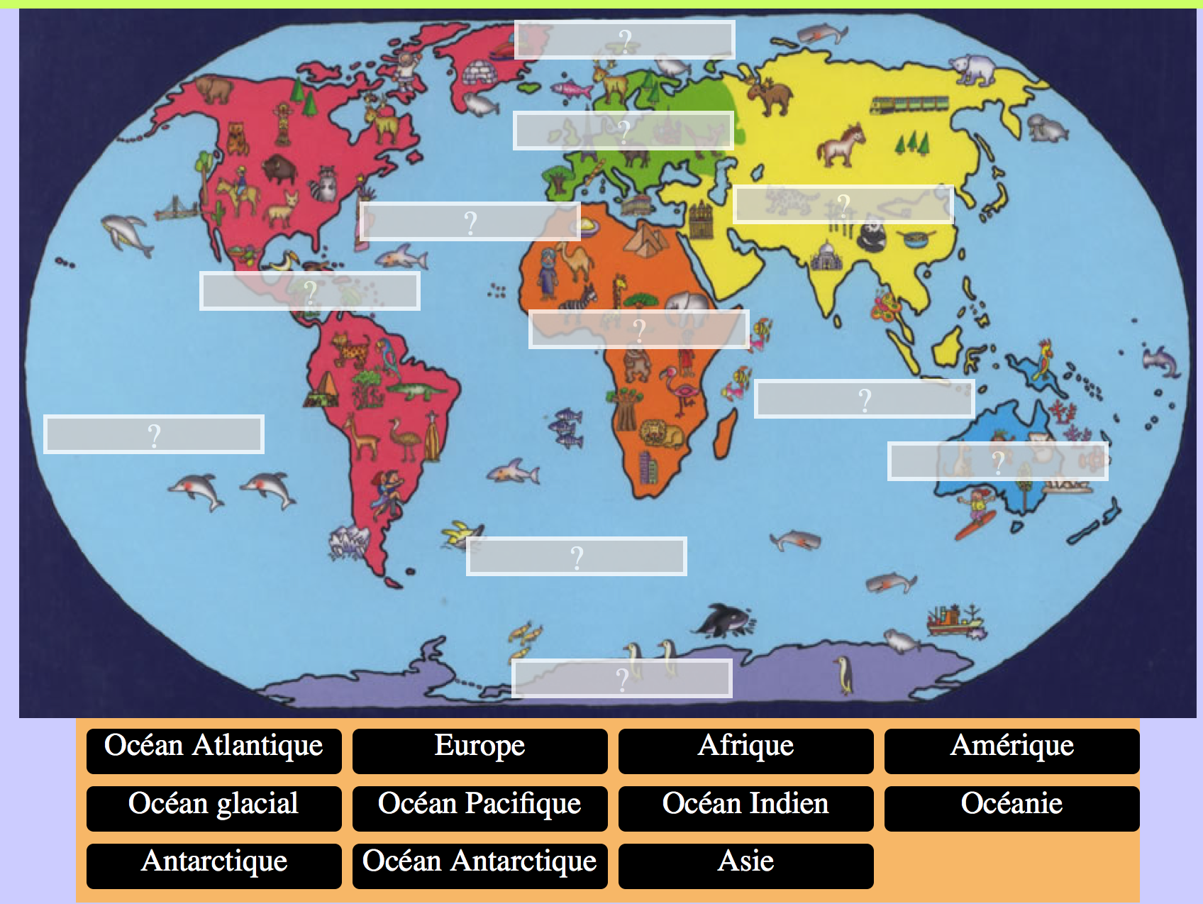 Continents et océans. Écoutez et placez les noms.