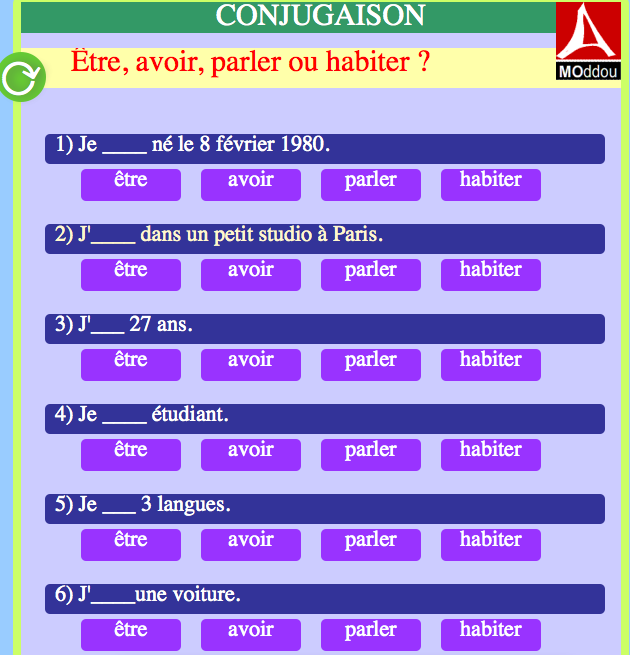 Conjugaison : être, avoir, habiter ou parler ? (en HTML5)