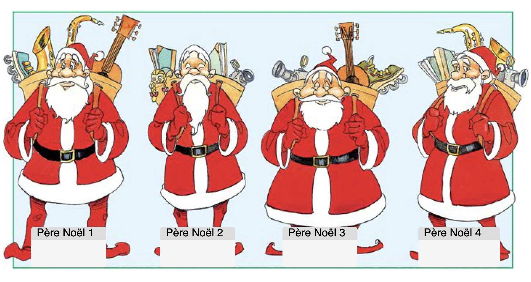 Liste du père Noël. Associez l'audio au bon père Noël. Joyeuses fêtes