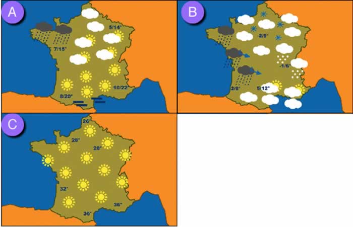 Écoutez puis associez le bon bulletin météo à la lettre (A, B ou C)