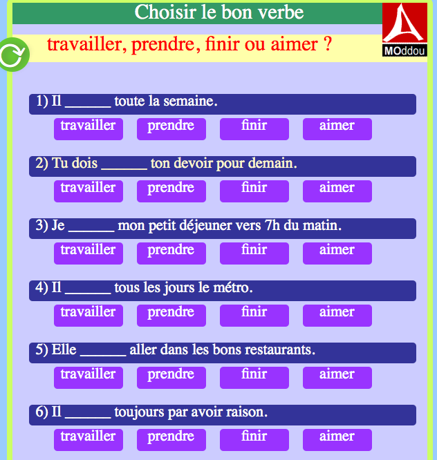 Travailler, prendre, finir ou aimer ? Complétez et écoutez.