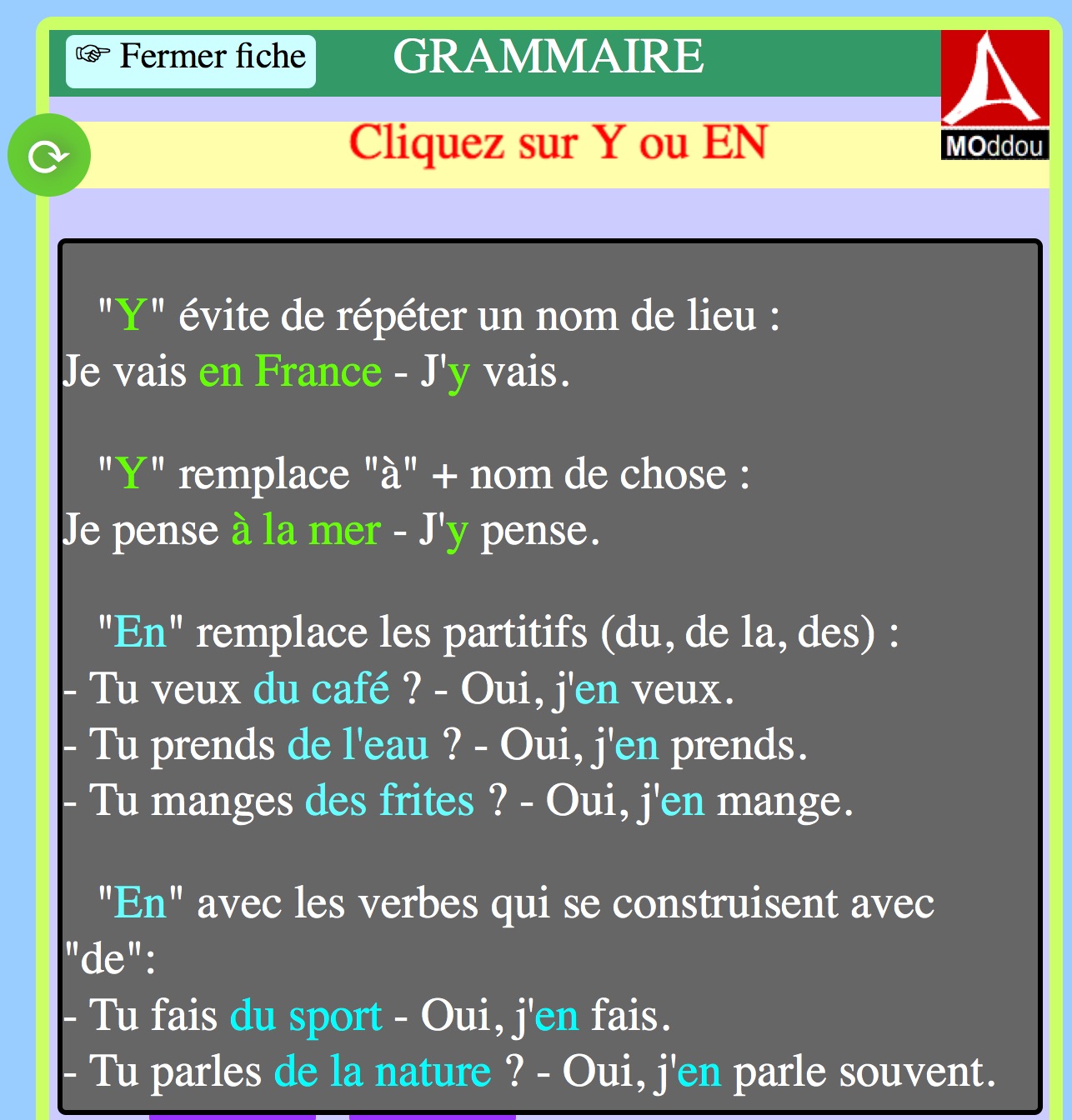 Y ou EN ? Fiche de grammaire avec exercice + audio.